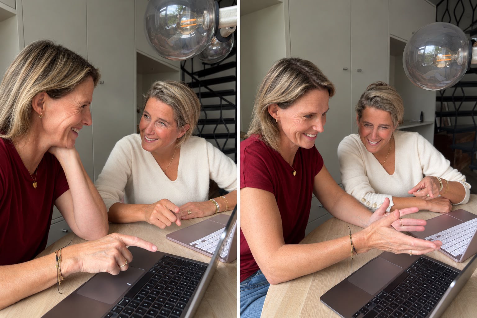 Joanneke (links) en Sanne (rechts) samen aan het werk, in gesprek aan een tafel met hun laptops
